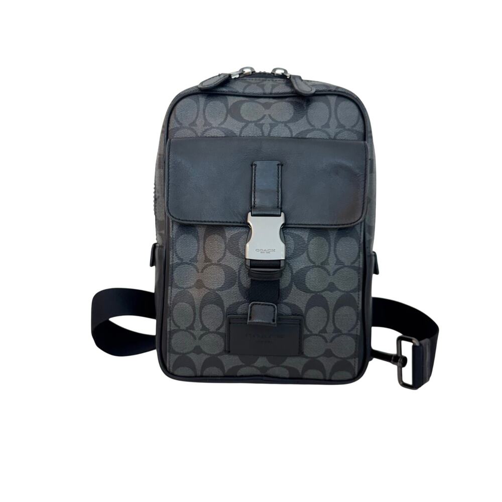 Coach Track Pack Signature Coated Canvas Crossbody Sling Bag Black Gray C2711